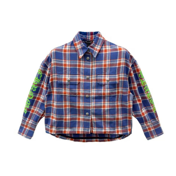 Chrome Hearts Blue & Red Plaid Cropped Cargo Flannel Shirt Jacket