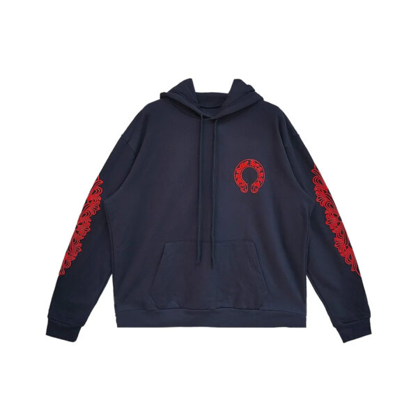 Chrome Hearts Navy & Red Horseshoe Floral Sleeve Pullover Hoodie