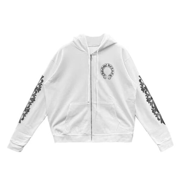 Chrome Hearts Horseshoe Floral Sleeve Zip Up Hoodie White