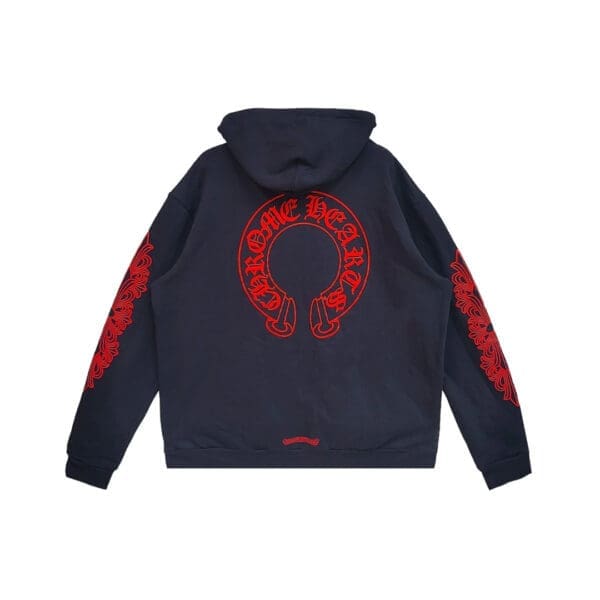 Chrome Hearts Navy & Red Horseshoe Floral Sleeve Pullover Hoodie