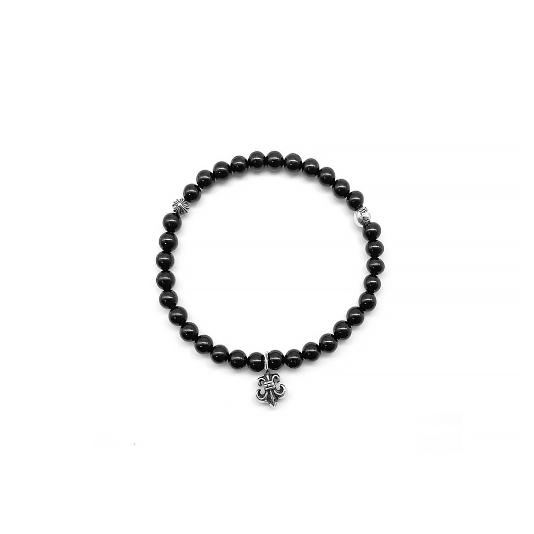 Chrome Hearts 6mm Obsidian Silver Fleur Pendant Beaded Bracelet