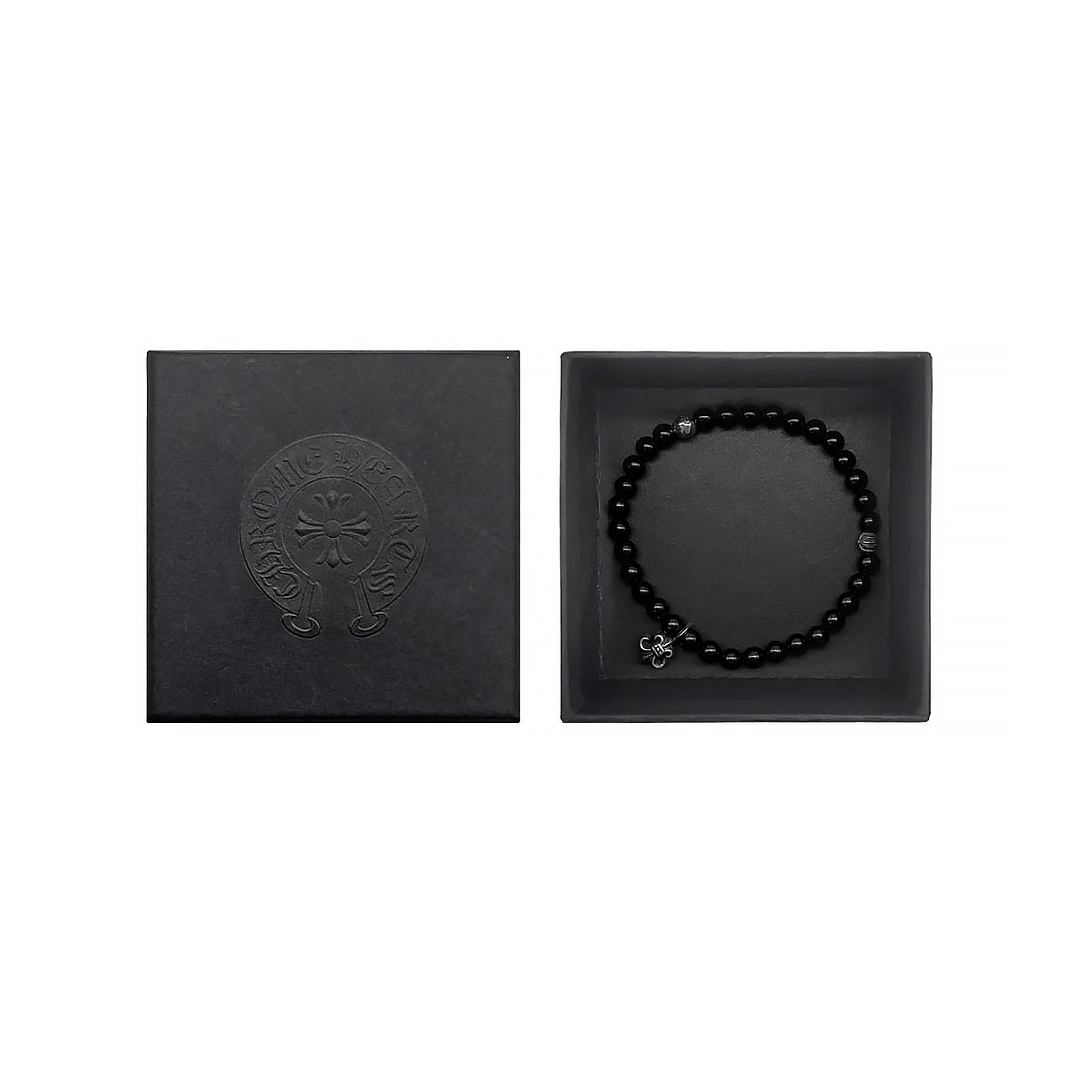Chrome Hearts 6mm Obsidian Silver Fleur Pendant Beaded Bracelet